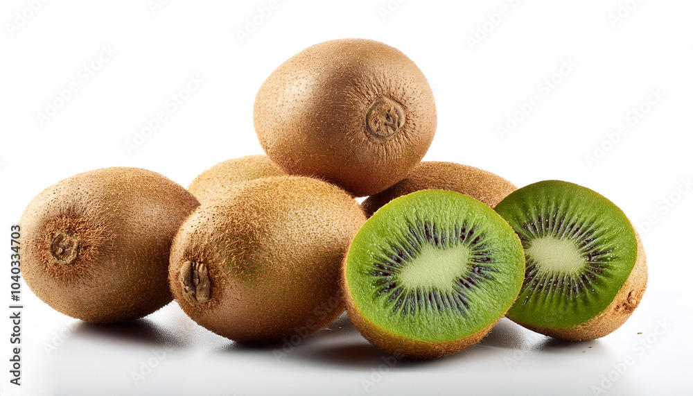 kiwi fruit whole and sliced scattered around background concept isolated white kiwi fruit whole and sliced scattered around background concept isolated white