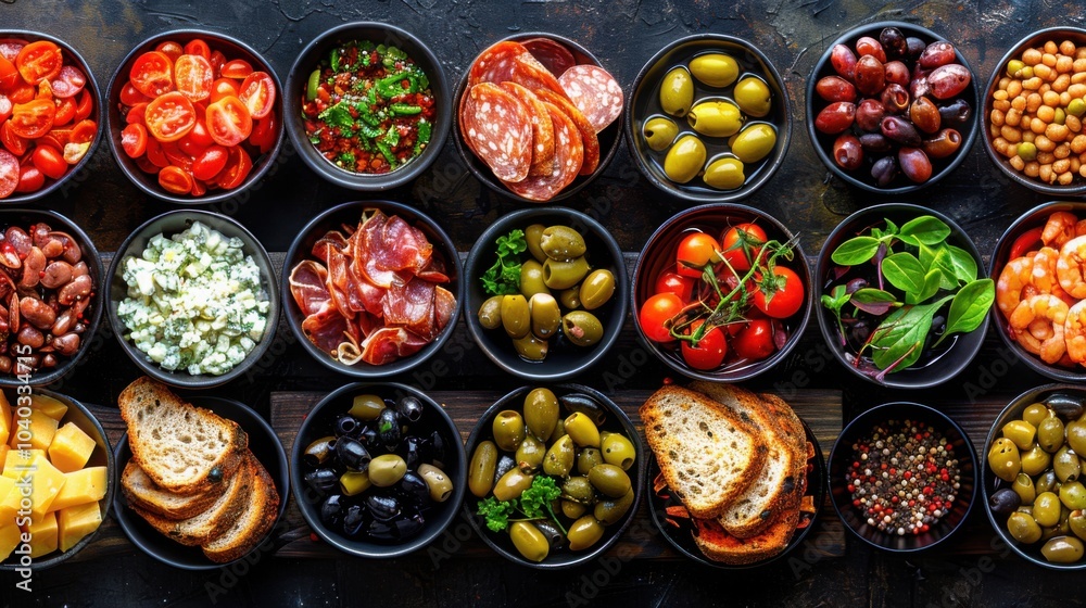 An assortment of olives meats cheeses bread slices tomatoes and vegetables served in bowls
An assortment of olives meats cheeses bread slices tomatoes and vegetables served in bowls