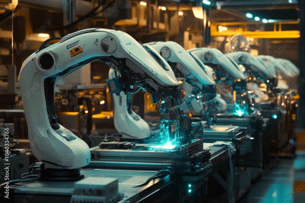 a large futuristic factory with an array of welding robot arms in white, teal and silver a large futuristic factory with an array of welding robot arms in white, teal and silver