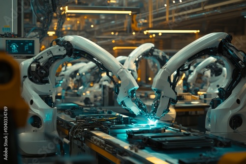 Wallpaper Mural  a large futuristic factory with an array of welding robot arms in white, teal and silver Torontodigital.ca