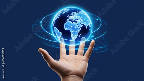 A visual of a hand holding a holographic globe, symbolizing the interconnectedness of the world through digital technology and communication.