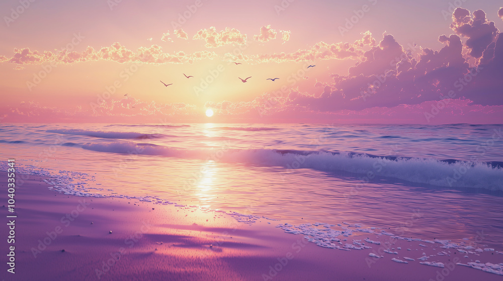 Obraz premium Serene beach at sunset with pastel skies, where the gentle waves reflect the soft hues of the fading sun.