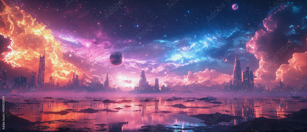 Space-themed neon cityscape at night, with towering skyscrapers glowing in bright neon lights under a dark sky filled with stars and planets. Space-themed neon cityscape at night, with towering skyscrapers glowing in bright neon lights under a dark sky filled with stars and planets.