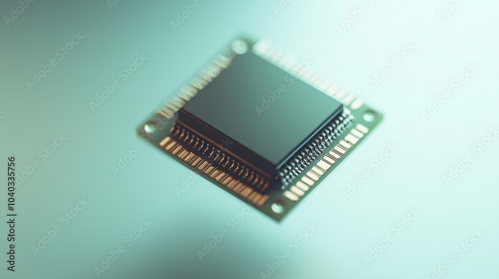 square-shaped metallic core chip floating in the air, green background square-shaped metallic core chip floating in the air, green background
