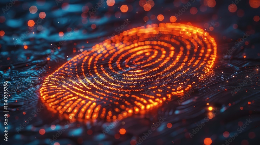 A glowing fingerprint captured on a dark surface representing security and identity in technology A glowing fingerprint captured on a dark surface representing security and identity in technology