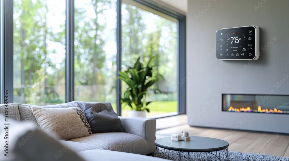 A living room with a fireplace and a smart thermostat on the wall A living room with a fireplace and a smart thermostat on the wall
