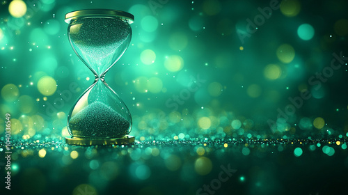 blurred winter background with an hourglass in sharp focus, its lower bulb empty. The scene symbolizes the passage of time, fleeting moments, and reflection on life’s transience amid stillness photo