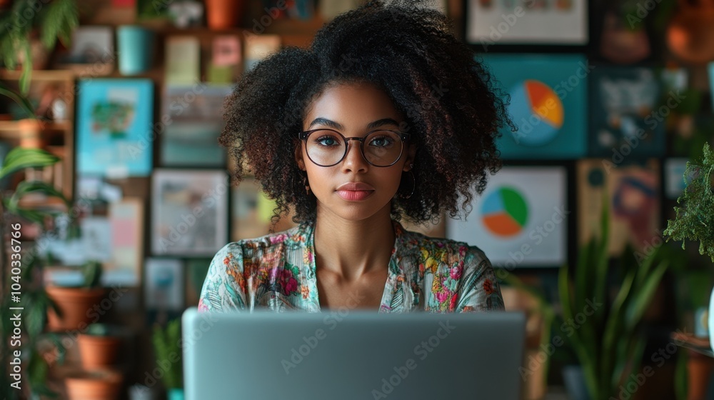 Focused Young Professional in Stylish Modern Office with Lush Greenery and Artful Background Focused Young Professional in Stylish Modern Office with Lush Greenery and Artful Background