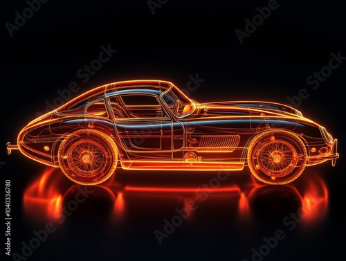 Aerial view thick vector lines, full body neon orange silhouette of vintage sports car towards the viewer on pure all black background.