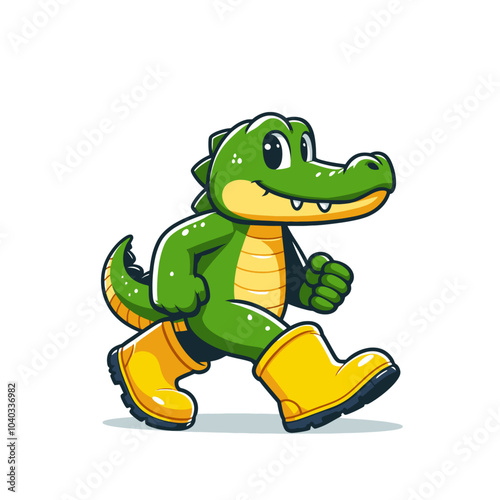 cute crocodile character walking in yellow rubber boots in rainy weather isolated vector illustration