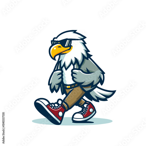 Cool eagle in shoes and sunglasses modern style mascot walking isolated vector illustration