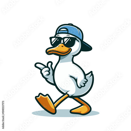 cool duck  walking with sunglasses and hat modern style mascot isolated vector illustration
