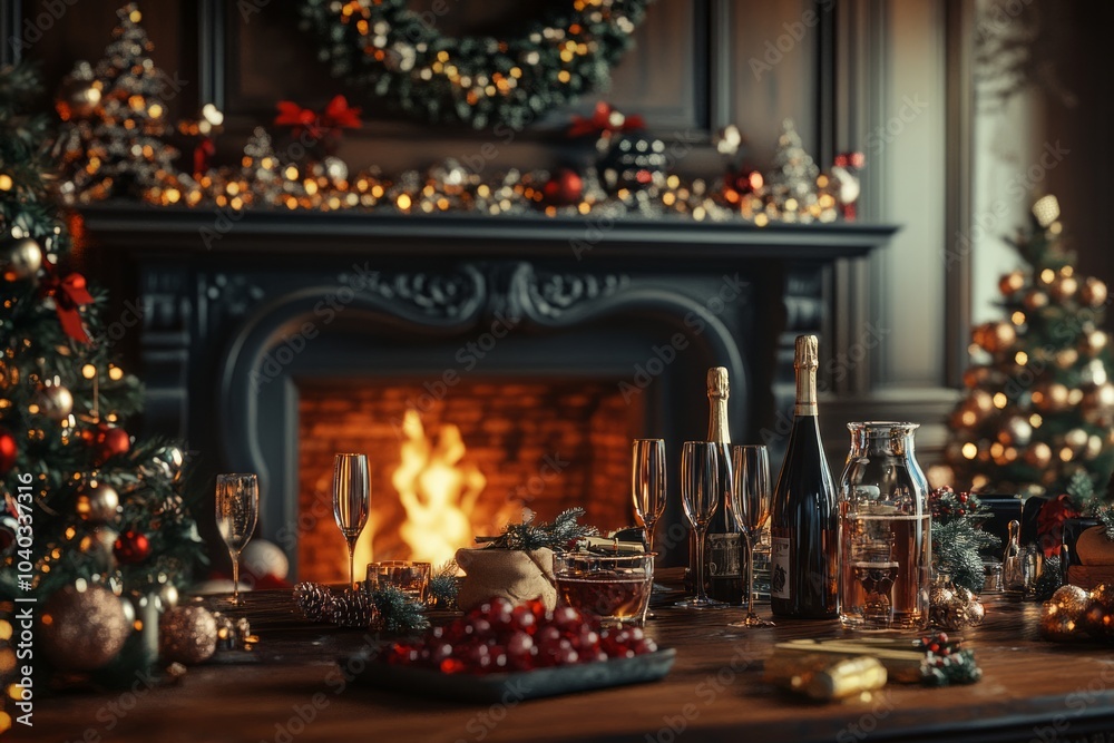 a christmas setting with fire in the fireplace, christmas decorations. a christmas setting with fire in the fireplace, christmas decorations.