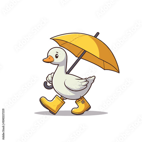 cute goose character in yellow rubber boots walking in rainy weather  with umbrella