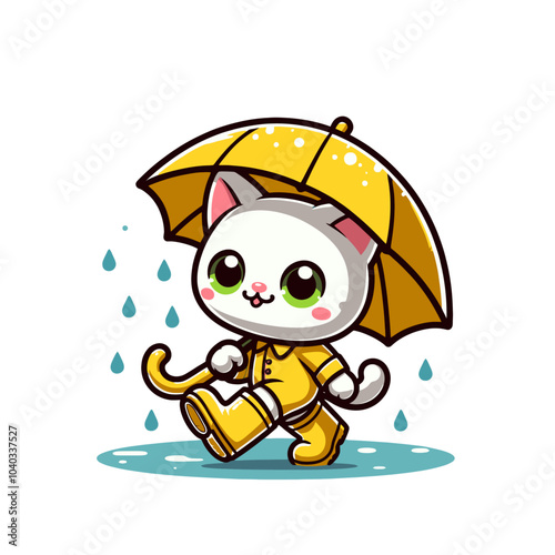 kitty cat in yellow rubber boots walking in rainy weather with umbrella