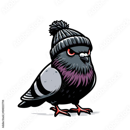 Cool mean angry pegion character in beanie. Urban character Isolated vector illustration
