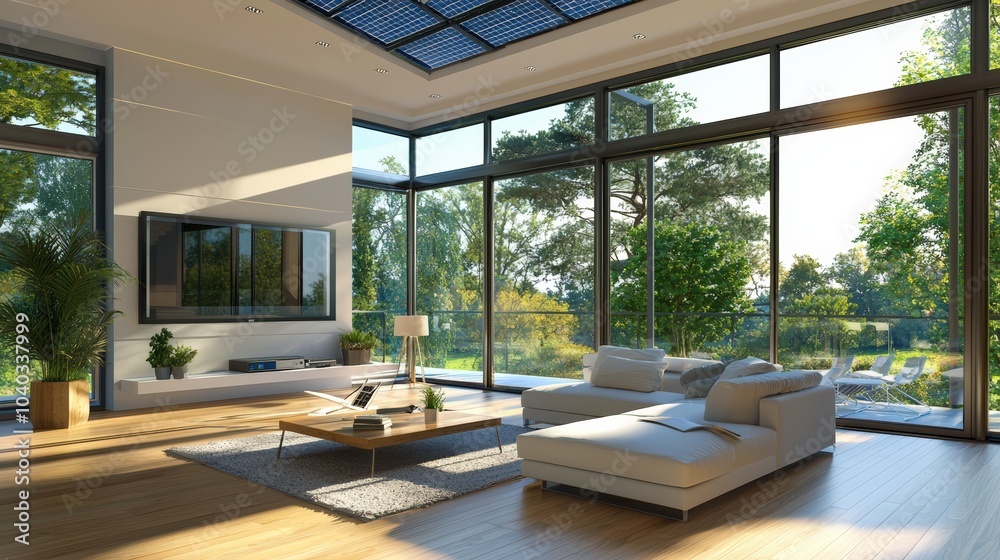 A large living room with a white couch and a television A large living room with a white couch and a television