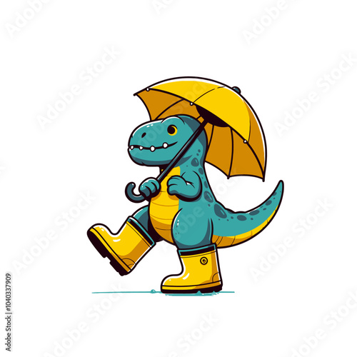 T-rex dinosaur in rubber boots walking in rainy weather with umbrella