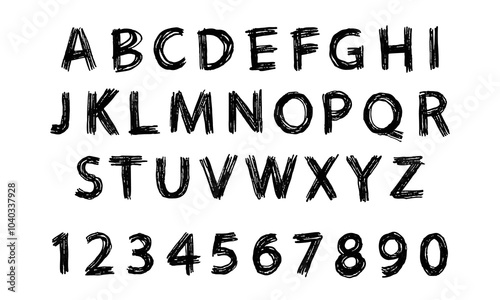 English handwritten alphabet and hand drawn numbers. Handwritten shading. Doodles and squiggles. Vector set