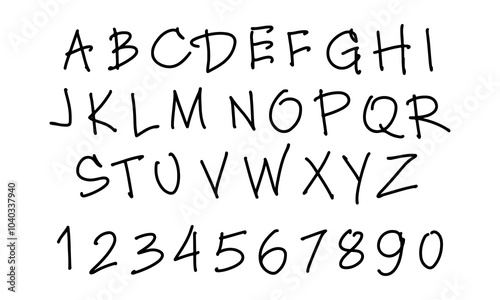 English handwritten alphabet and hand drawn numbers. Doodles and squiggles. Vector set