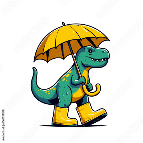 T-rex dinosaur in rubber boots walking in rainy weather with umbrella