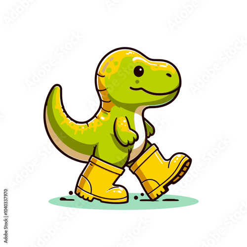 T-rex dinosaur in rubber boots walking in rainy weather