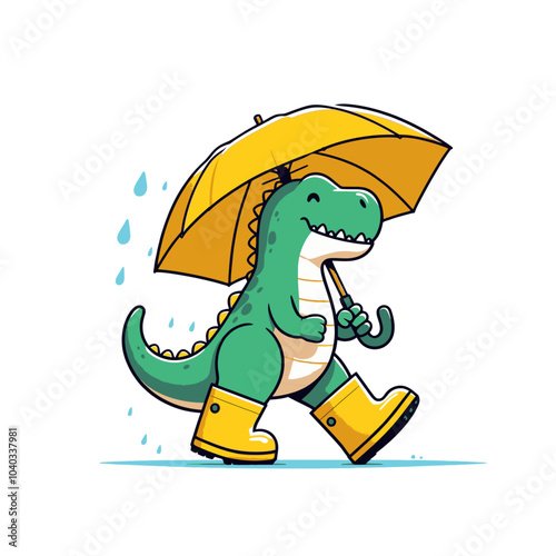 T-rex dinosaur in rubber boots walking in rainy weather with umbrella