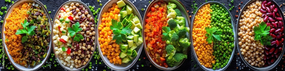 A variety of colorful bowls filled with mixed ingredients including beans corn avocado and herbs
A variety of colorful bowls filled with mixed ingredients including beans corn avocado and herbs