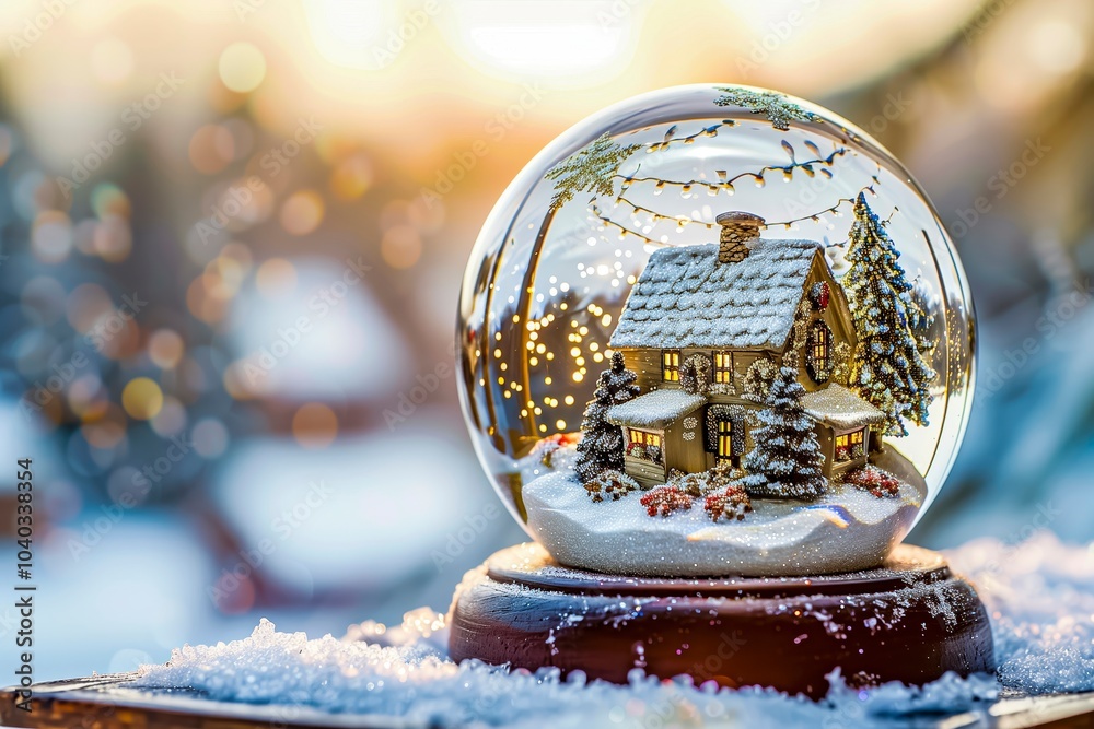 A Charming Snow Globe Featuring a Cozy Winter Cottage Surrounded by Trees and Lights at Sunset