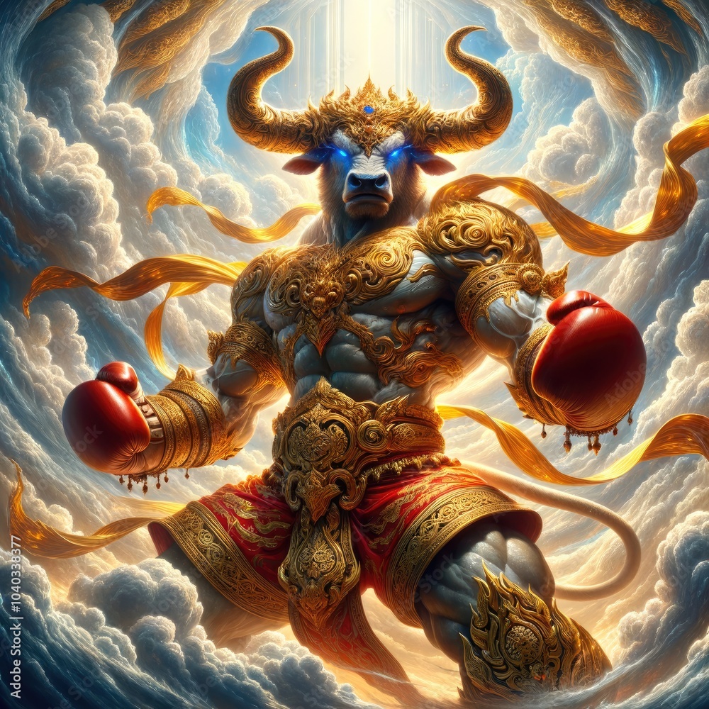 Fototapeta premium Majestic Bull-Headed Warrior: A Fierce Mythical Fighter in Ornate Golden Armor with Glowing Boxing Gloves, Surrounded by Swirling Energy and Radiating Divine Strength