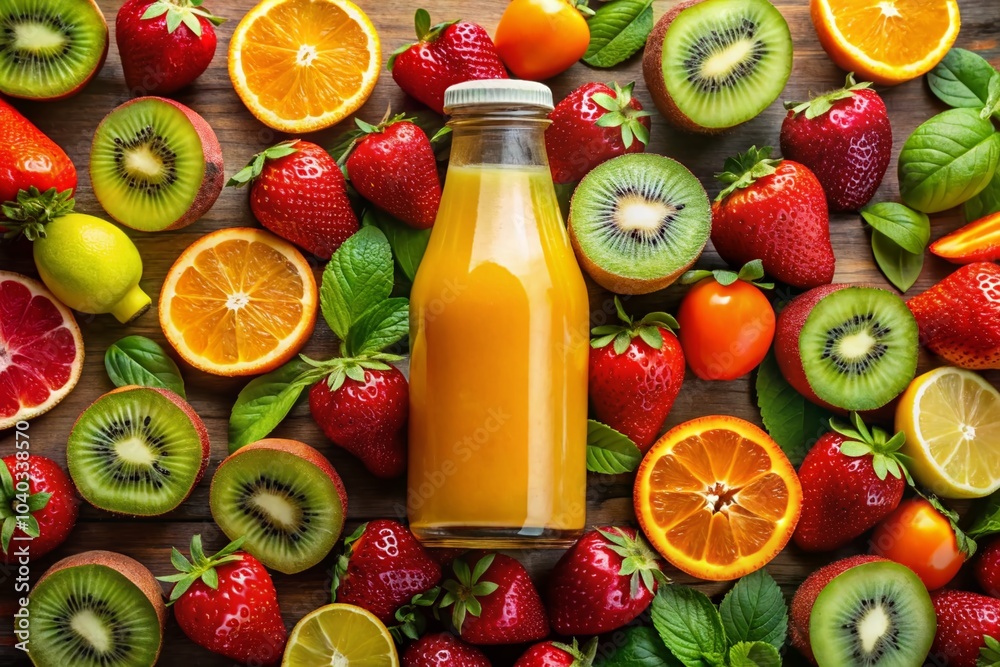 Vibrant Drone Photography of Fruit Juice Bottles Surrounded by Fresh Fruits for Marketing Vibrant Drone Photography of Fruit Juice Bottles Surrounded by Fresh Fruits for Marketing