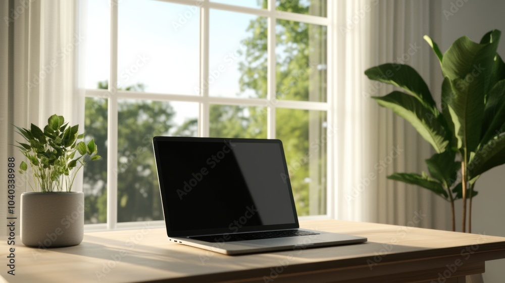 A modern laptop is placed on a wooden desk beside a potted plant, illuminated by sunlight streaming through a window. Generative AI A modern laptop is placed on a wooden desk beside a potted plant, illuminated by sunlight streaming through a window. Generative AI