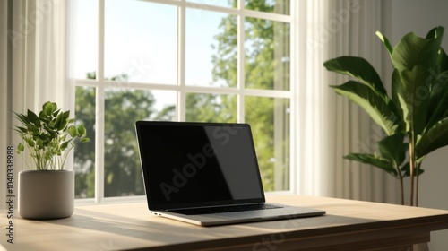 A modern laptop is placed on a wooden desk beside a potted plant, illuminated by sunlight streaming through a window. Generative AI