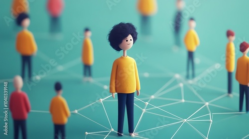 Connected figures, teal background, network, central figure with dark hair. photo