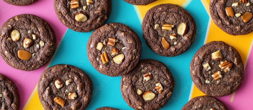 Overhead shot of chocolate chip cookies with pecans and almonds on a colorful background. Overhead shot of chocolate chip cookies with pecans and almonds on a colorful background.