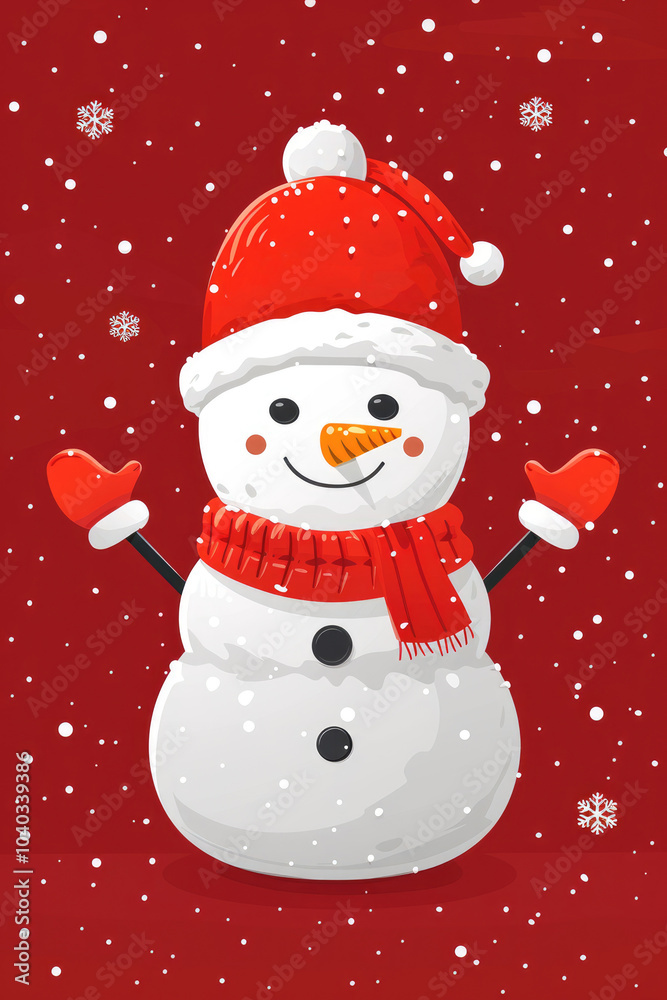 Festive snowman waving joyfully in a snowy winter landscape with a vibrant red background Festive snowman waving joyfully in a snowy winter landscape with a vibrant red background