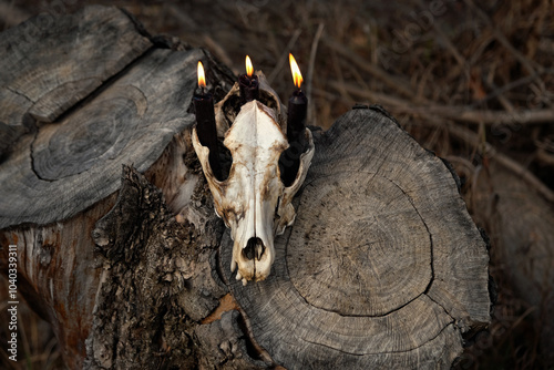 Fototapeta Naklejka Na Ścianę i Meble -  animal skull with burning black candles on tree stump, forest nature background. autumn season. symbol of death, terrible, scary. Mysticism, occultism, Witchcraft, magic ritual for samhain, Halloween