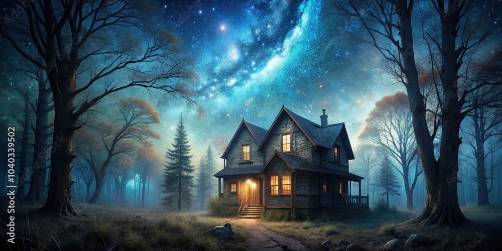 A spooky house nestled in the dark forest under the starry night sky, forest, house, night, spooky, eerie, dark, starry A spooky house nestled in the dark forest under the starry night sky, forest, house, night, spooky, eerie, dark, starry