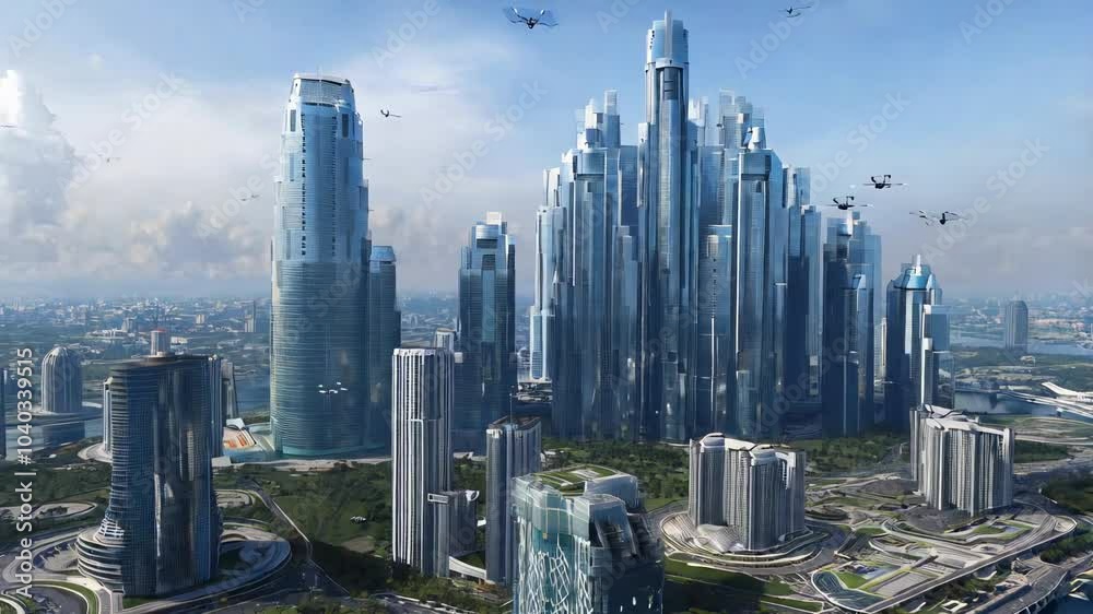 futuristic city with towering skyscrapers, heavily surveilled by numerous drones. an oppressive atmosphere where technology enforces control, creating beautiful yet stifling sense of order