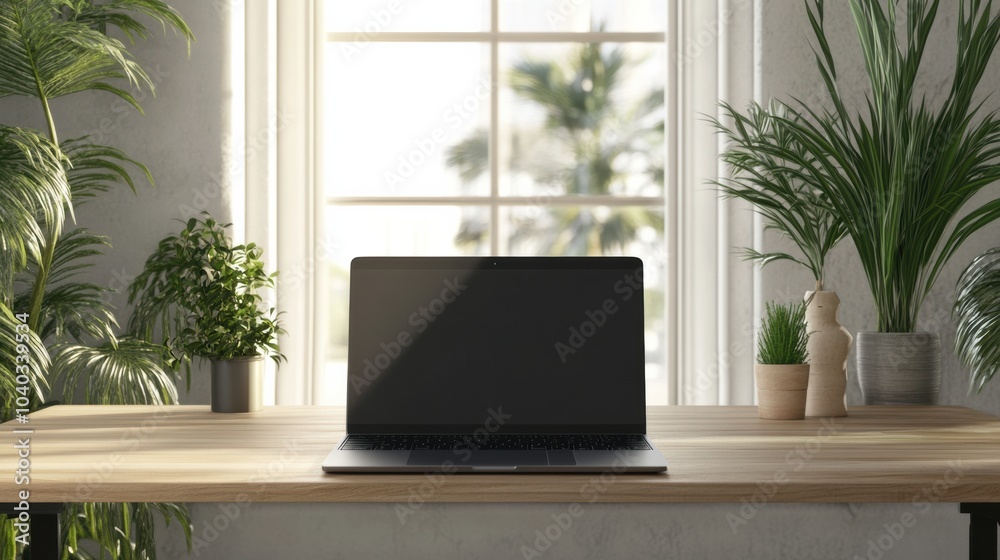 A sleek laptop rests on a wooden table with greenery nearby, illuminated by sunlight streaming through spacious windows. Generative AI A sleek laptop rests on a wooden table with greenery nearby, illuminated by sunlight streaming through spacious windows. Generative AI