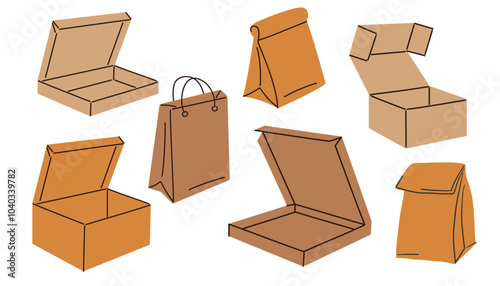Takeaway food packaging. Cartoon Color Different Cardboard Boxes Food Set Packaging and Delivery Concept Flat Design Style. Vector illustration