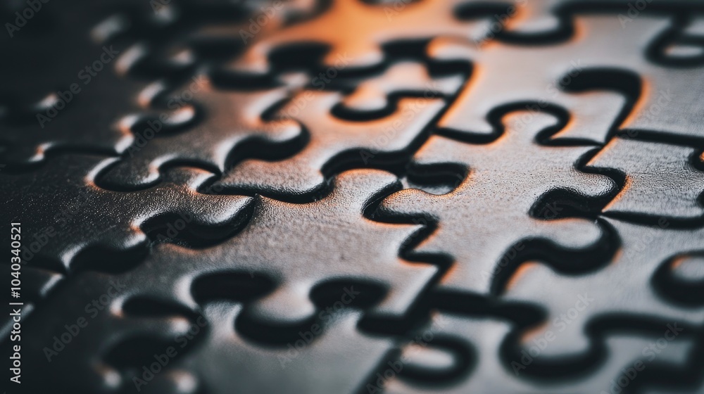 Close-up of interlocking black puzzle pieces with dramatic lighting Close-up of interlocking black puzzle pieces with dramatic lighting