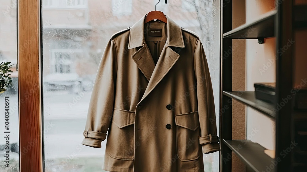 Fototapeta premium Stylish coat hanging by a window on a rainy day