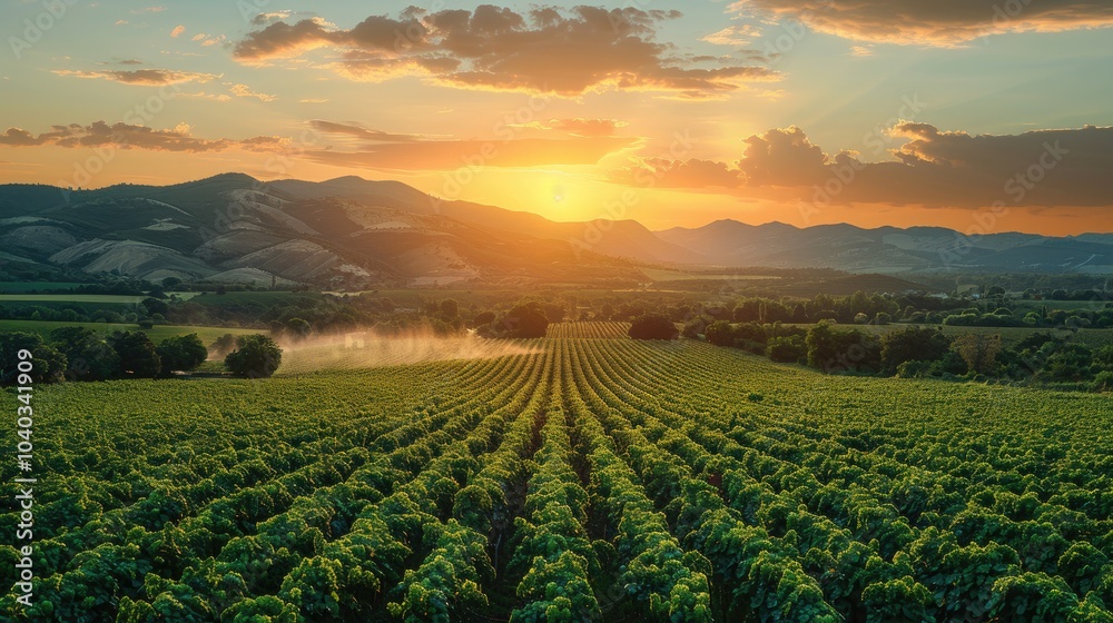 A farmer carefully spraying pesticides on lush vineyard rows during a sunset A farmer carefully spraying pesticides on lush vineyard rows during a sunset
