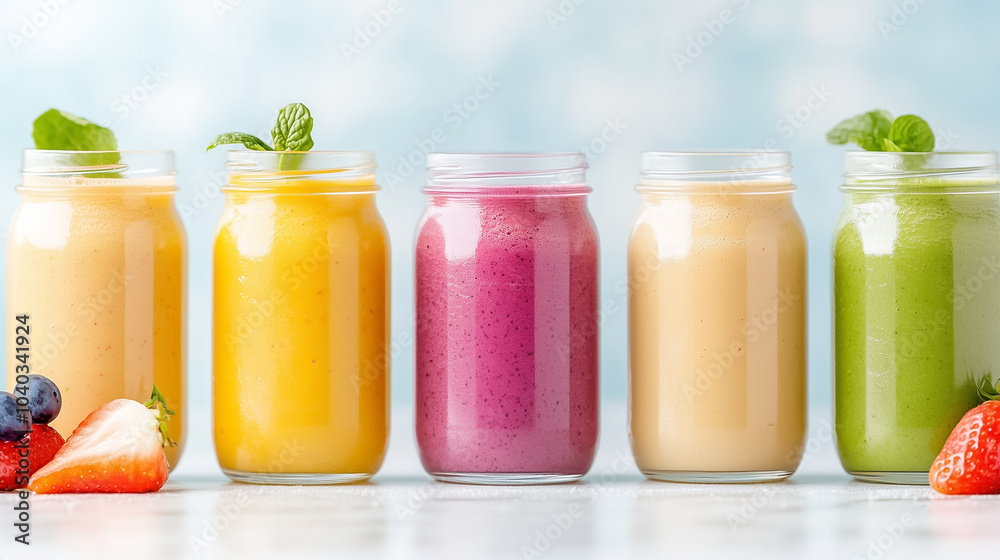 Colorful homemade smoothies in glass jars sit on a kitchen countertop ready to be enjoyed for a nutritious boost
