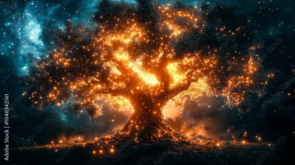 Majestic Tree Glowing With Fireflies Under a Starlit Sky at Night in a Tranquil Forest