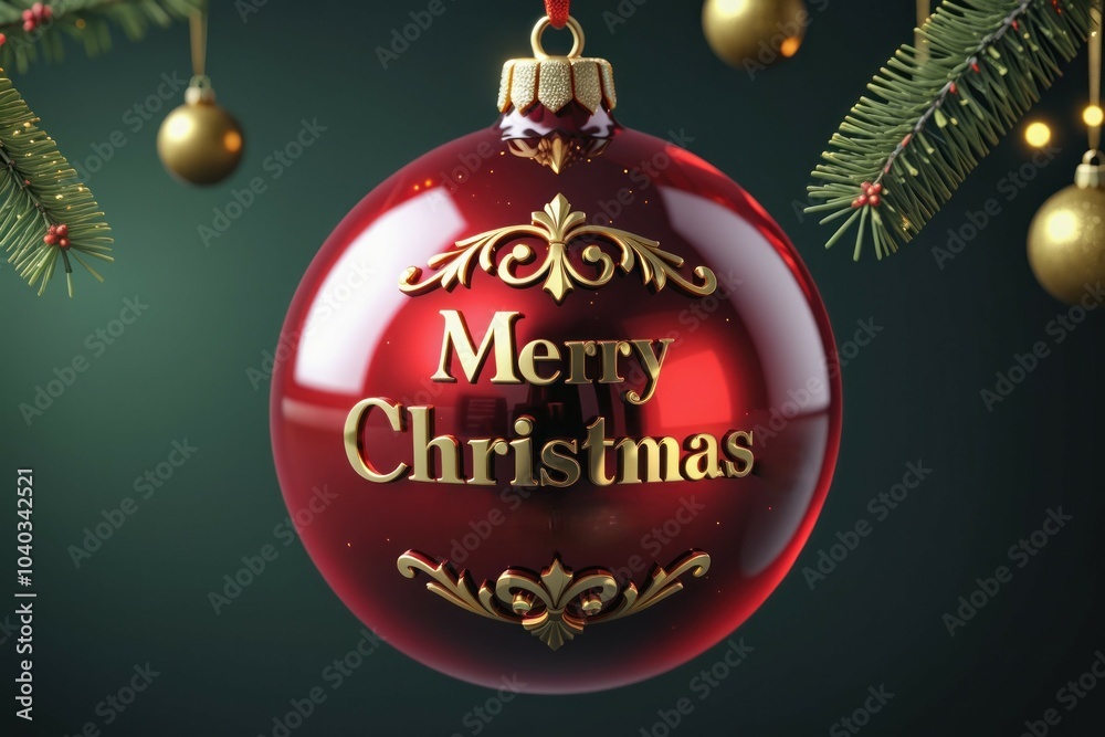 Christmas card with red christmas ball reading 'Merry Christmas' in gold, with soft festive lights in the background, setting a warm and elegant tone Christmas card with red christmas ball reading 'Merry Christmas' in gold, with soft festive lights in the background, setting a warm and elegant tone