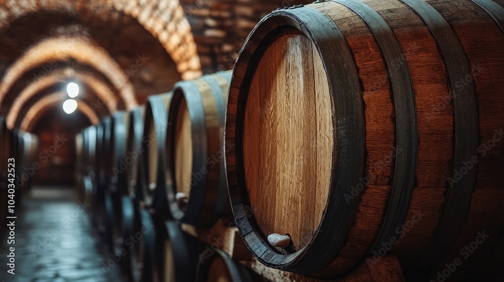 Oak wine barrels in a cellar, representing the aging process of fine wine Oak wine barrels in a cellar, representing the aging process of fine wine