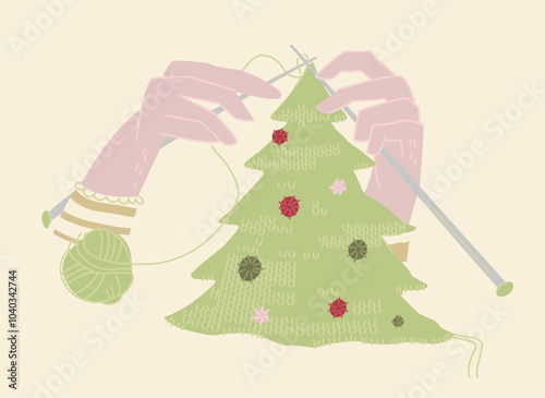 Woman hands knitting new year tree. Sustainable christmas concept.