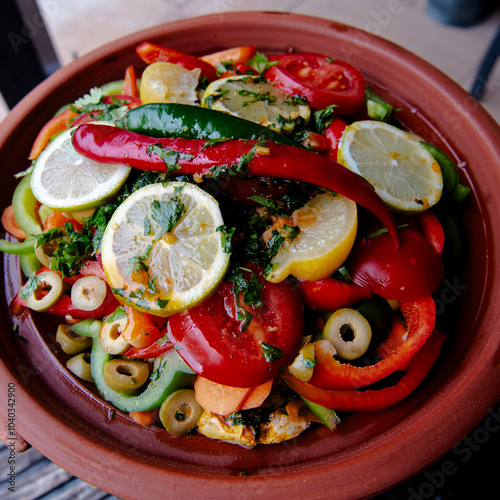 Leckere Tajine mit viel Gemüse und Fisch - Tajine ist ein marokkanisches Nationalgericht photo